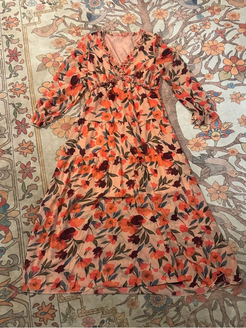 Vintage Floral Tiered Maxi Dress - Peach, Orange, Green - Picture 1 of 1